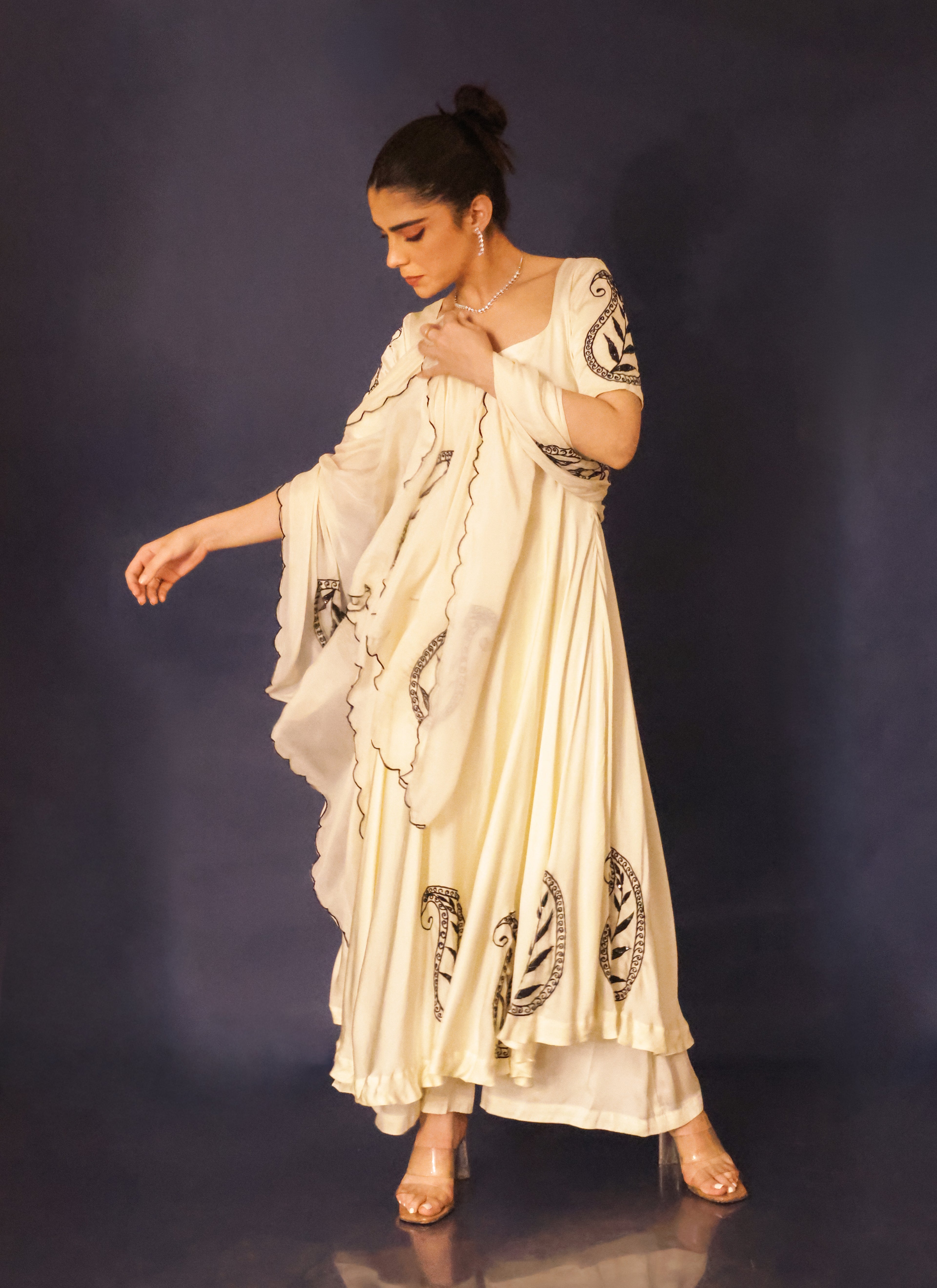 Ivory Floral Embroidered Anarkali Set