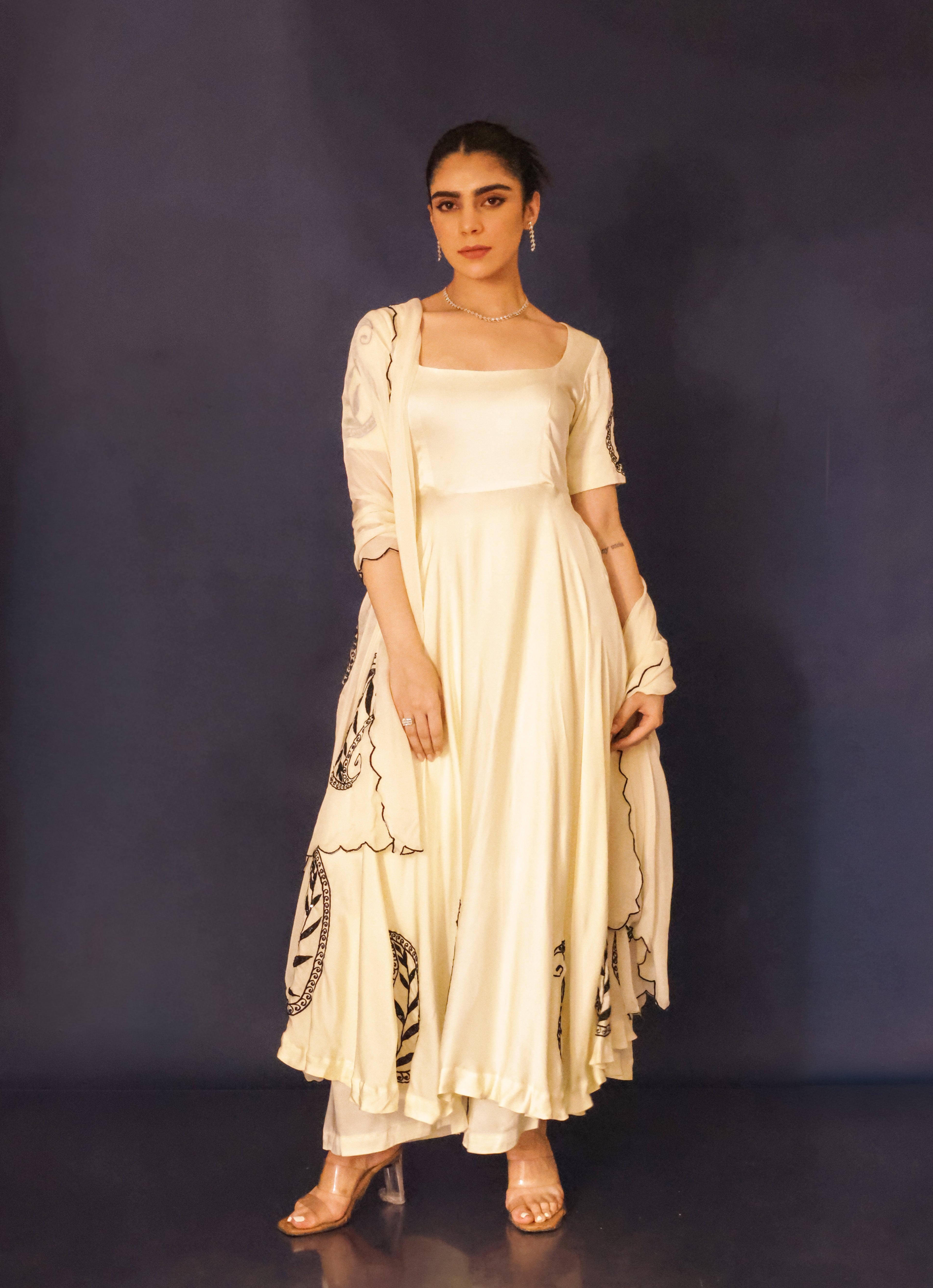 Ivory Floral Embroidered Anarkali Set