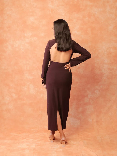 Brown - Backless Halter Bodycone Dress