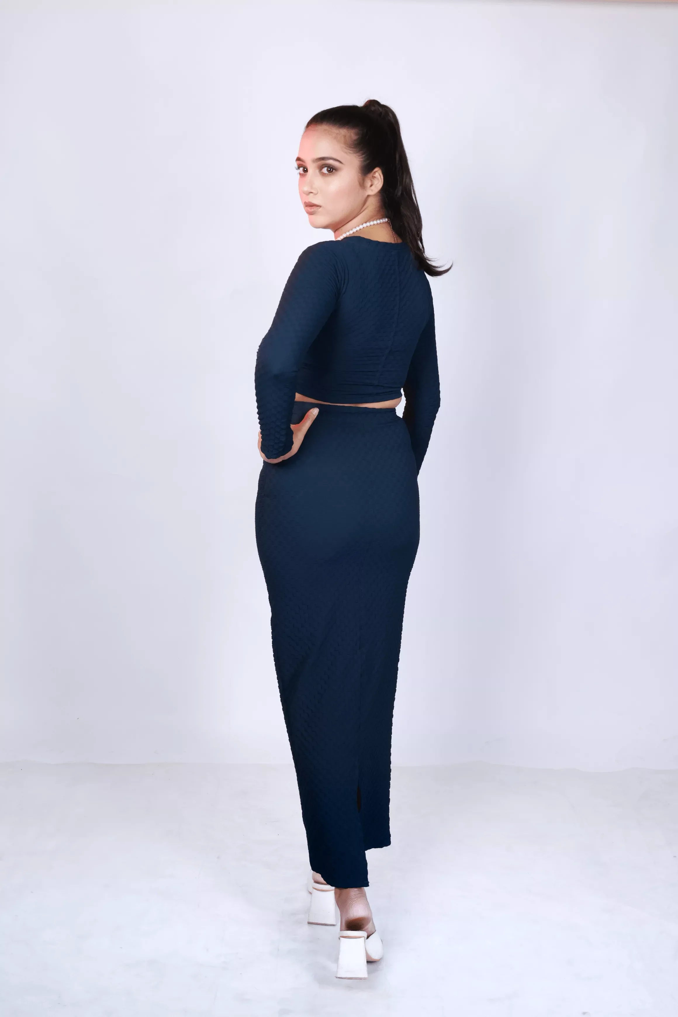 Navy Twilight Crop Top With High Waist Skirt