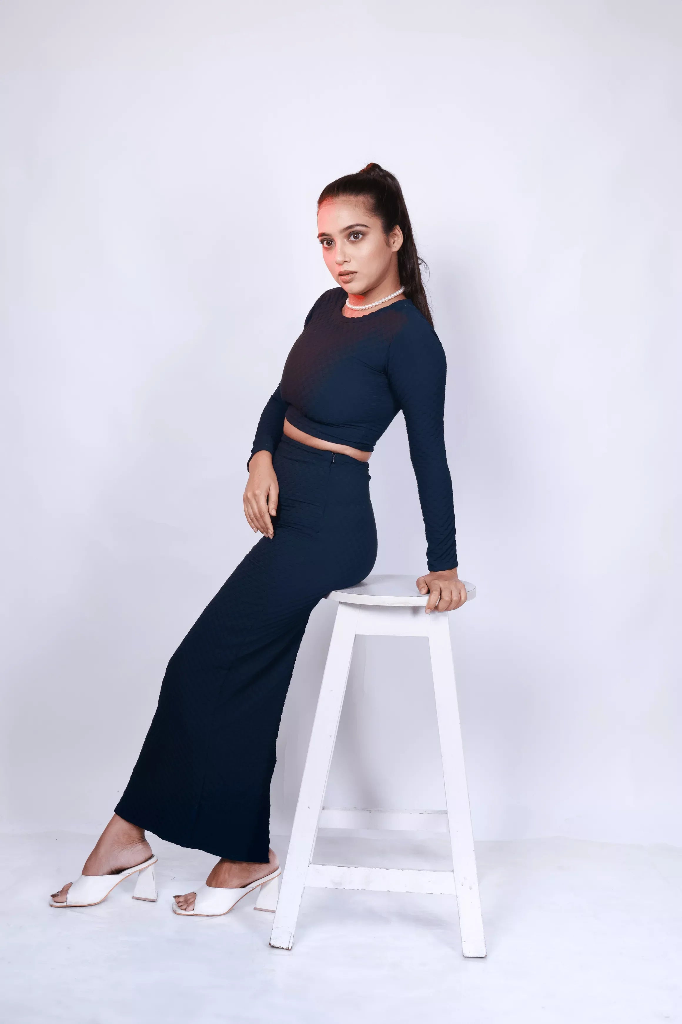 Navy Twilight Crop Top With High Waist Skirt