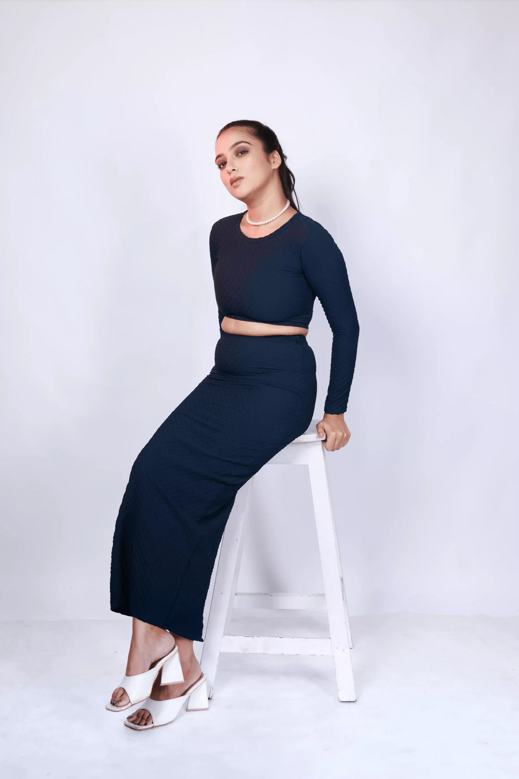 Navy Twilight Crop Top With High Waist Skirt
