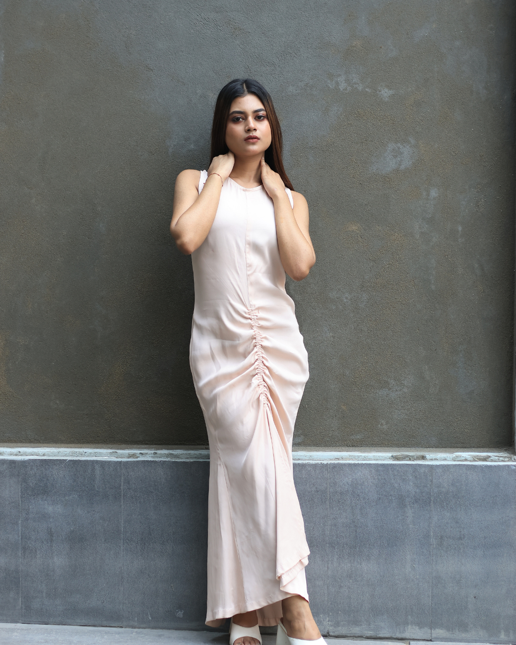 Elegant Champagne Ruched Halter Neck Maxi Dress