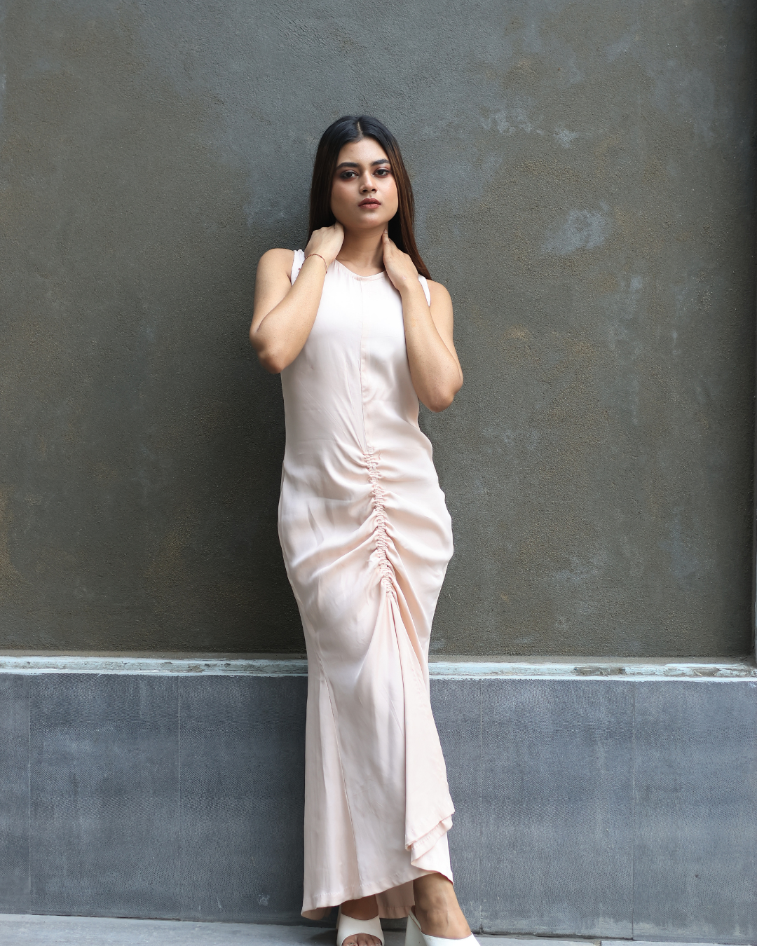 Elegant Champagne Ruched Halter Neck Maxi Dress