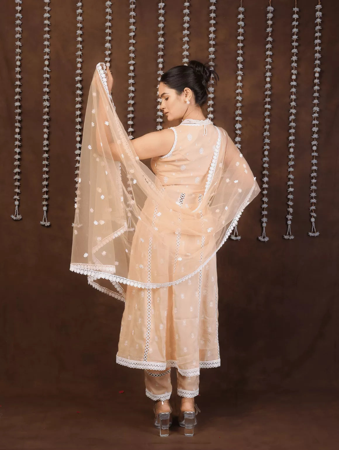 Opulent Peach Organza Anarkali Suit