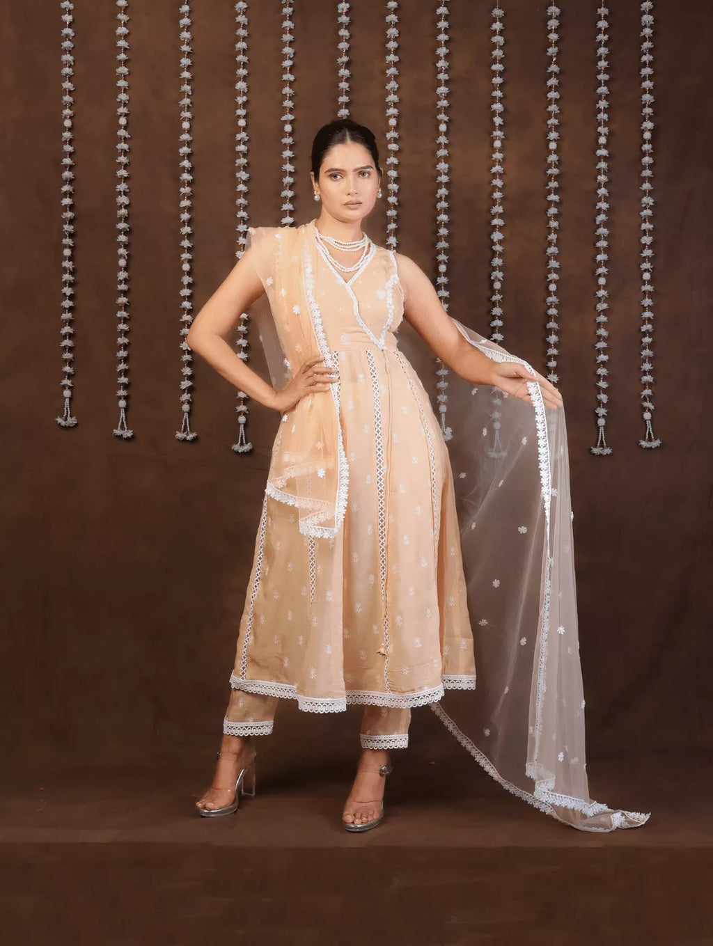 Opulent Peach Organza Anarkali Suit
