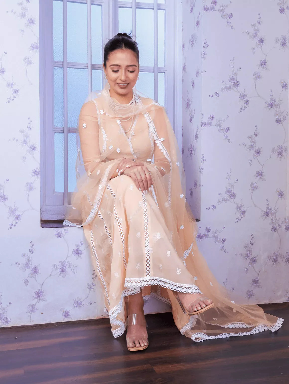 Opulent Peach Organza Anarkali Suit