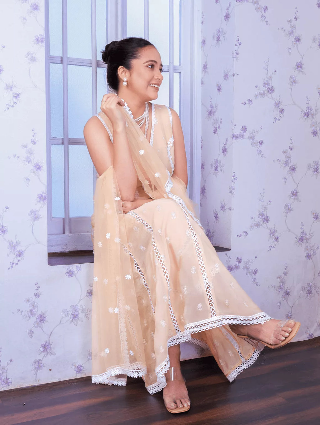 Opulent Peach Organza Anarkali Suit