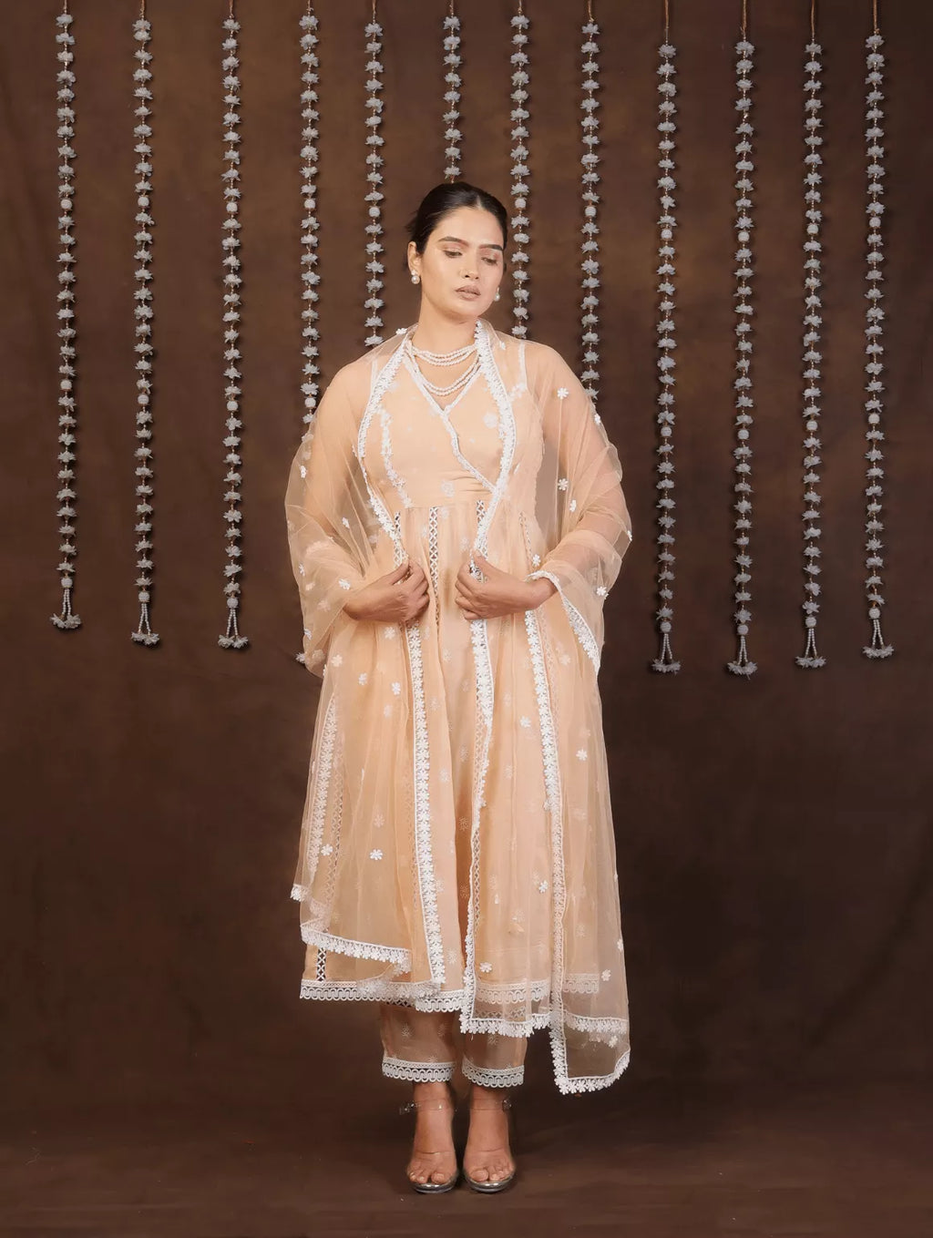 Opulent Peach Organza Anarkali Suit