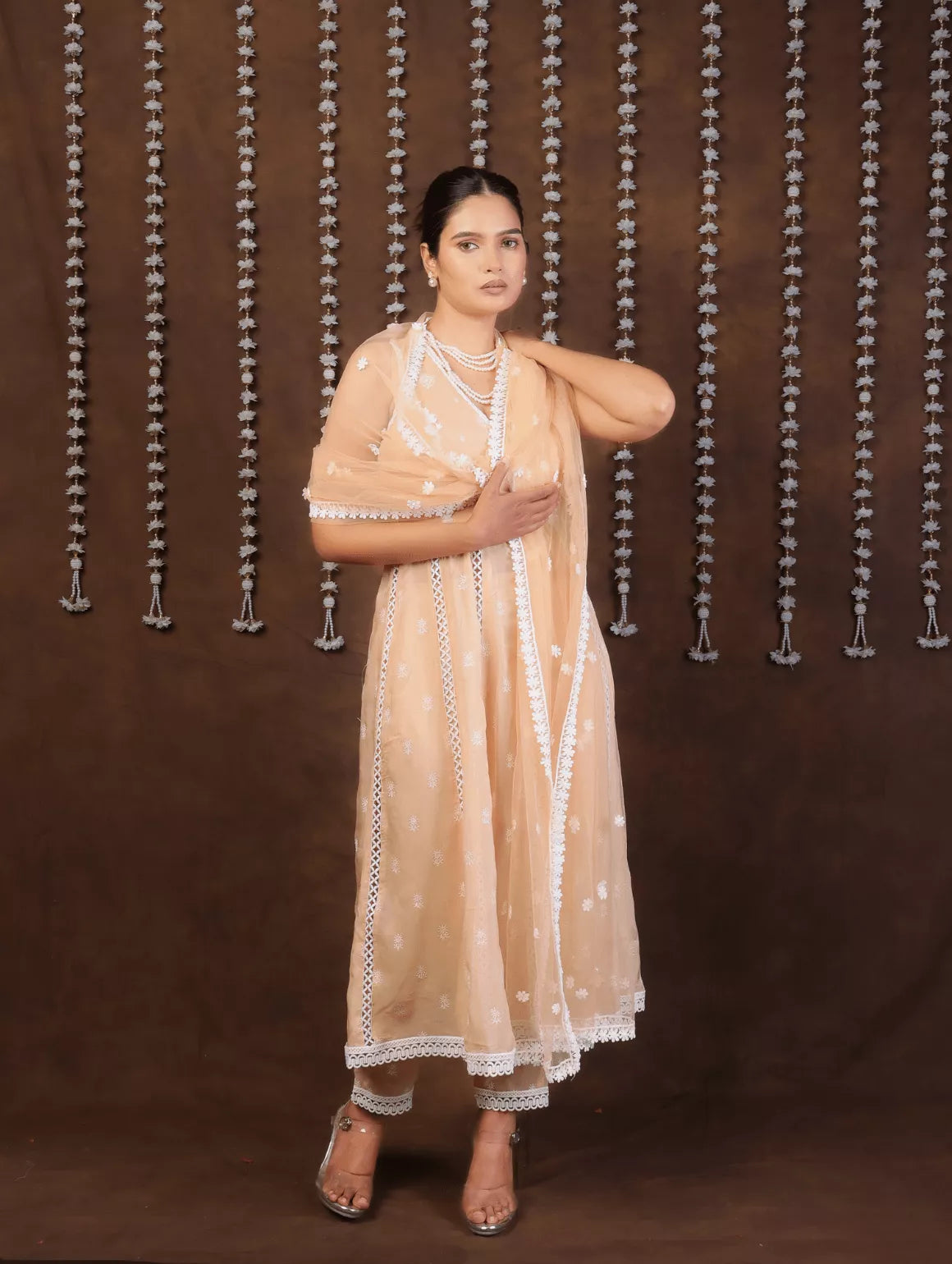 Opulent Peach Organza Anarkali Suit