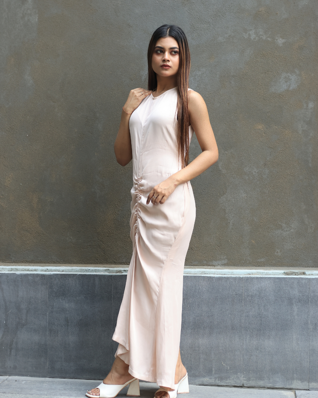Elegant Champagne Ruched Halter Neck Maxi Dress