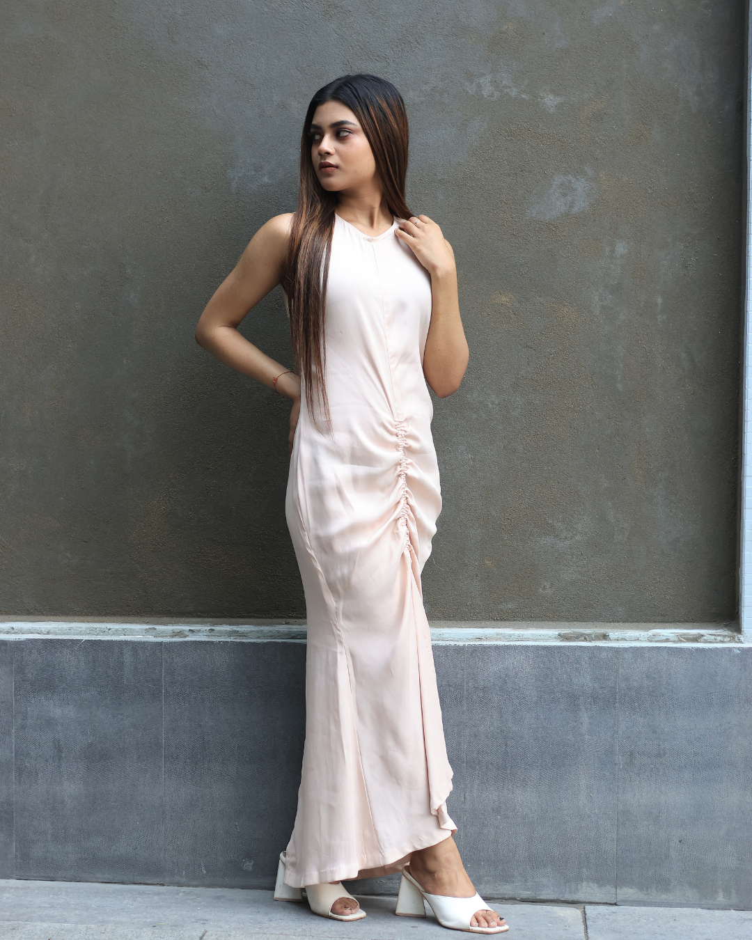 Elegant Champagne Ruched Halter Neck Maxi Dress