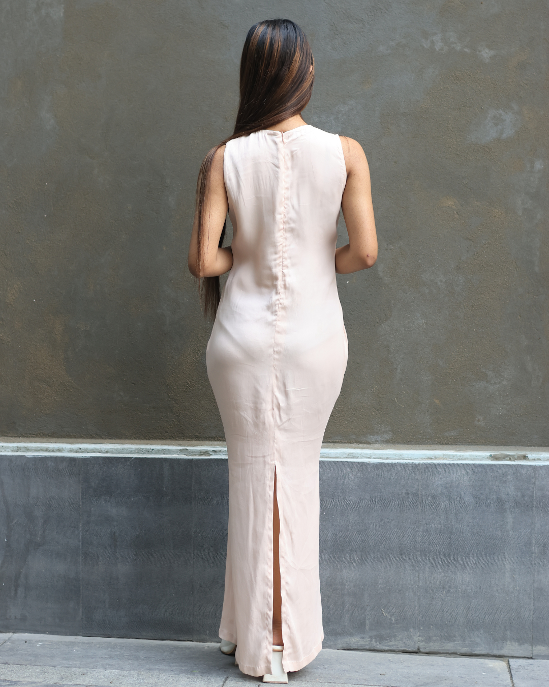 Elegant Champagne Ruched Halter Neck Maxi Dress