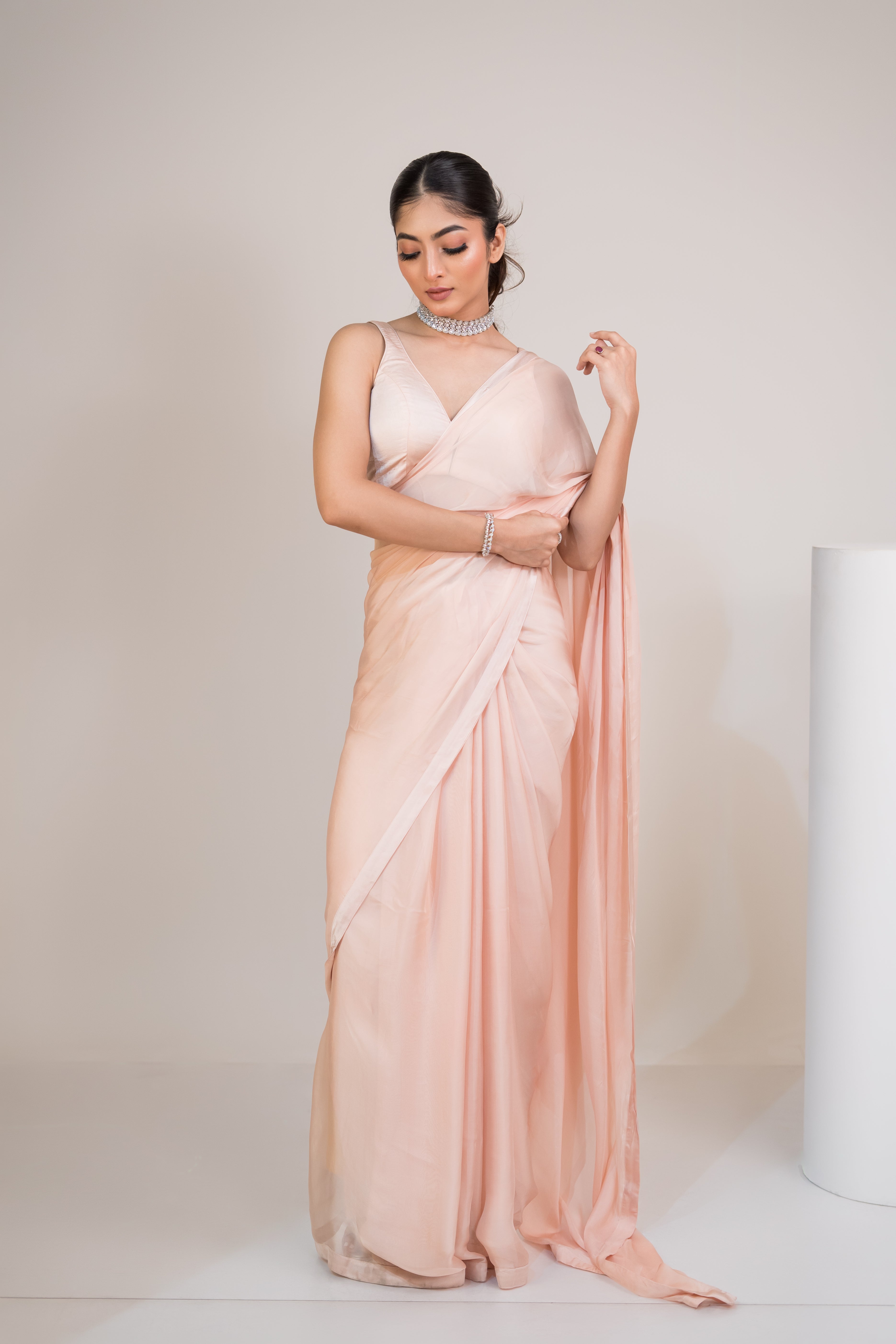 Peach Sequin Hand-Embroidered Saree